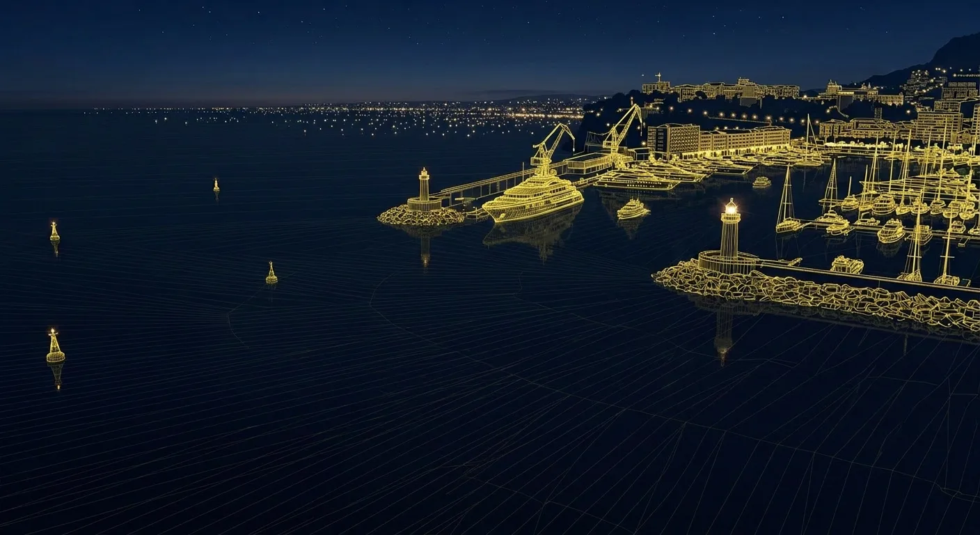 A wireframe aerial view of superyachts docked in a marina