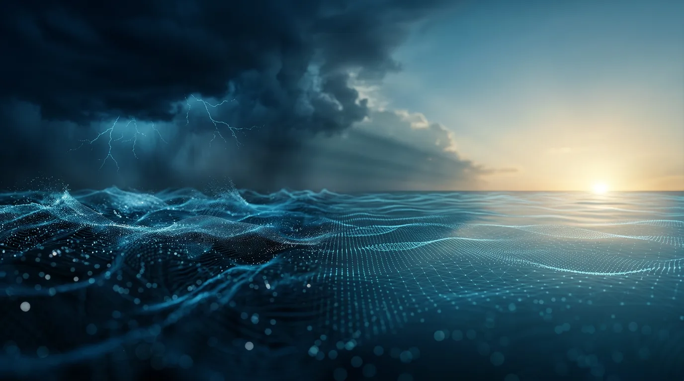 A stormy sky over a digital data-wave ocean, clearing to a calm sunset horizon