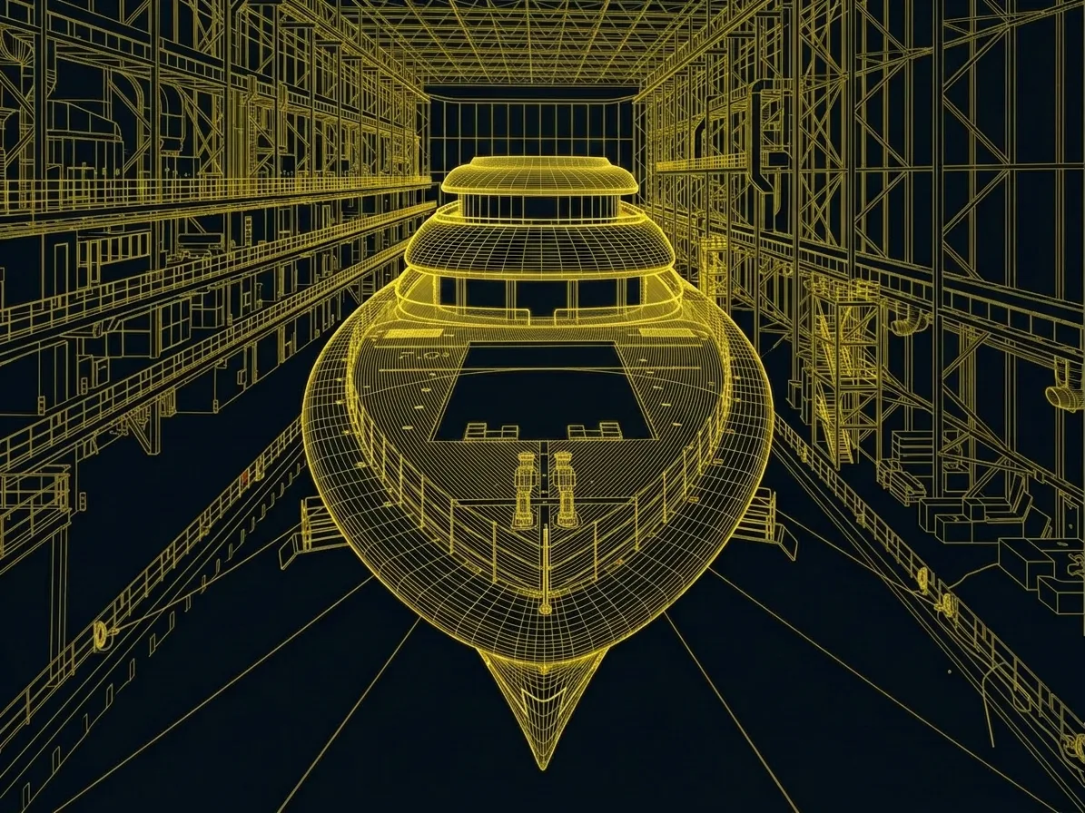 A wireframe rendering of a superyacht under construction inside a shipyard
